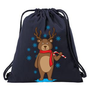 Bear Dressed As Reindeer With Candy Cane Xmas Gift Drawstring Bag