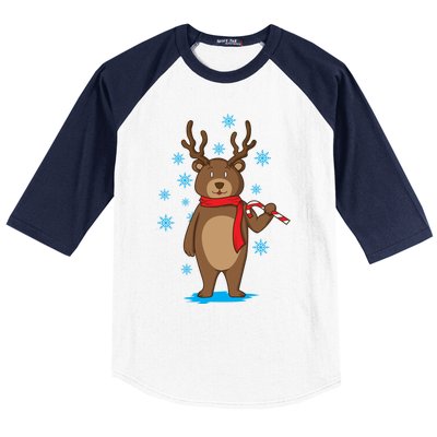 Bear Dressed As Reindeer With Candy Cane Xmas Gift Baseball Sleeve Shirt