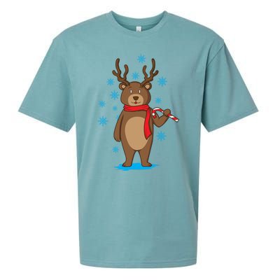 Bear Dressed As Reindeer With Candy Cane Xmas Gift Sueded Cloud Jersey T-Shirt