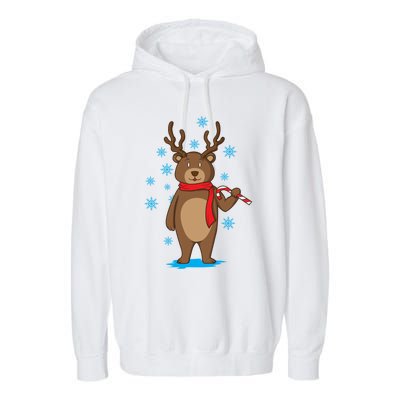 Bear Dressed As Reindeer With Candy Cane Xmas Gift Garment-Dyed Fleece Hoodie