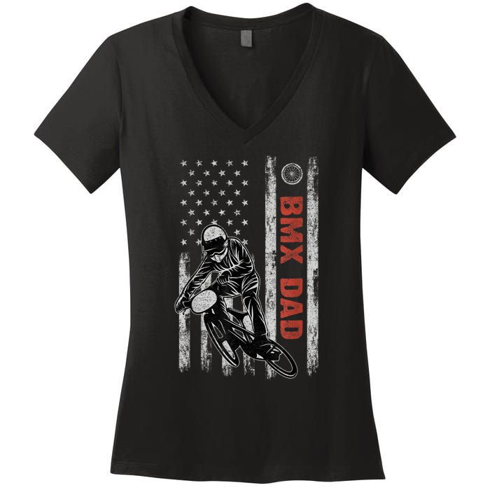 BMX Dad American Flag Fathers Day 4th Of July Gift Women's V-Neck T-Shirt