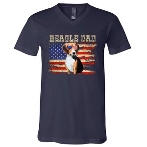 Beagle Dad American Flag Sunglasses Dog Usa Dog Dad V-Neck T-Shirt