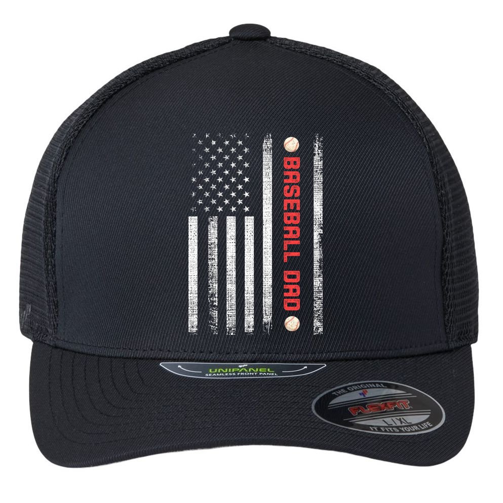 Baseball Dad American Flag Cool Father's Day Gift Flexfit Unipanel Trucker Cap