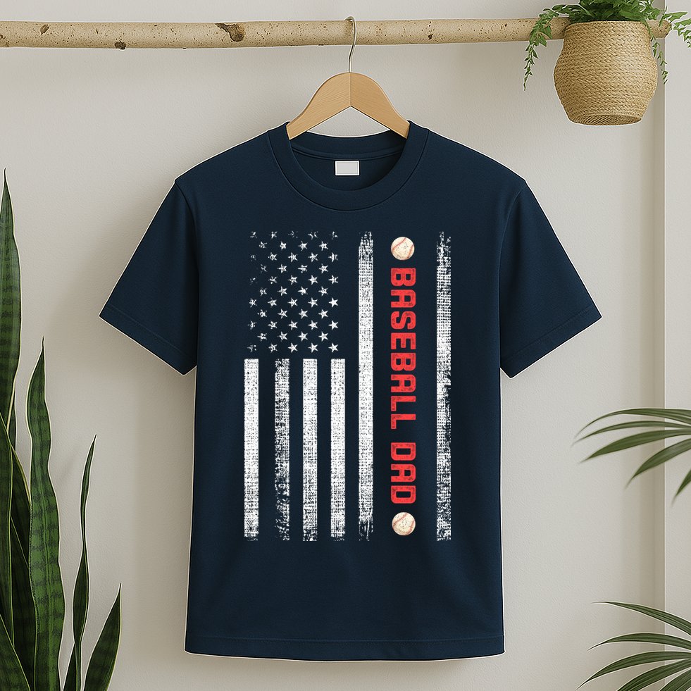 Baseball Dad American Flag Cool Father's Day Gift T-Shirt