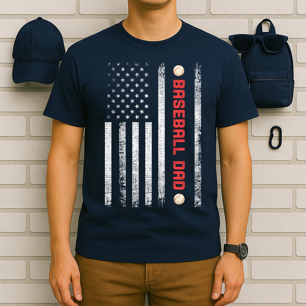 Baseball Dad American Flag Cool Father's Day Gift T-Shirt