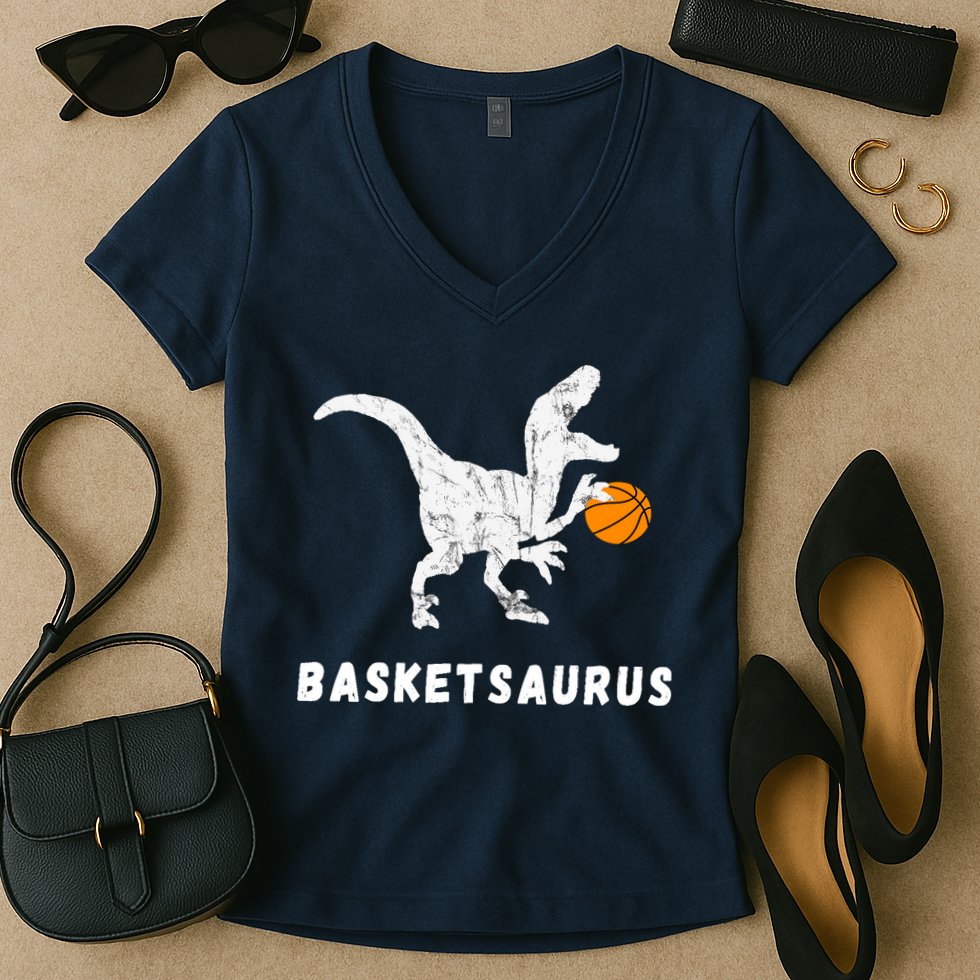 Basketball Dinosaur Baller T-rex Dino Playing Basketball Women's V-Neck T-Shirt