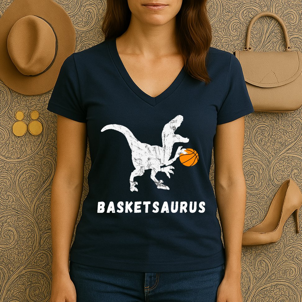 Basketball Dinosaur Baller T-rex Dino Playing Basketball Women's V-Neck T-Shirt