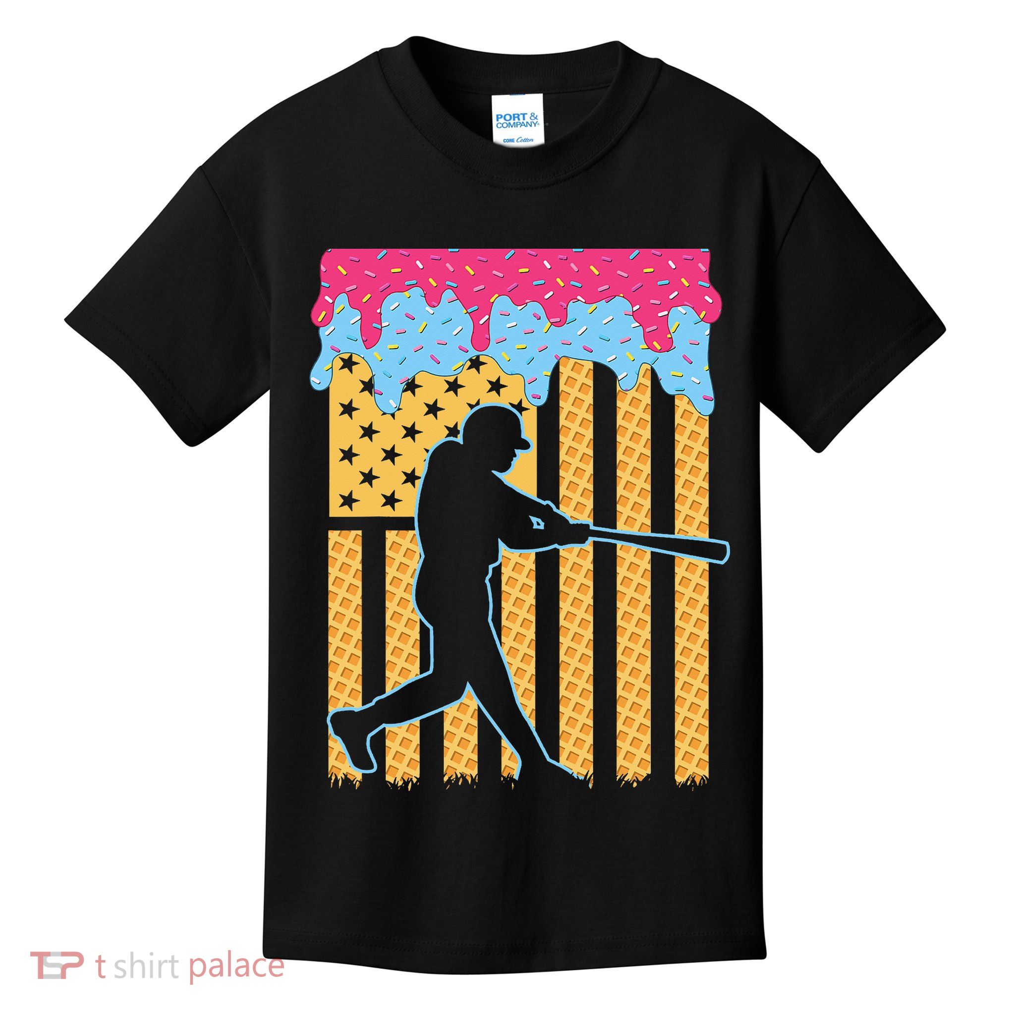 Baseball Drip Bat Ice Cream American Flag 4th Of July Kids T-Shirt