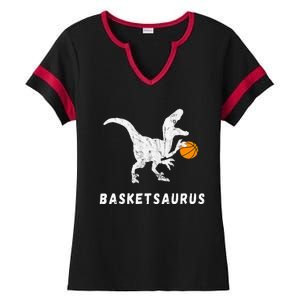 Basketball Dinosaur Baller T Rex Dino Playing Basketball Ladies Halftime Notch Neck Tee