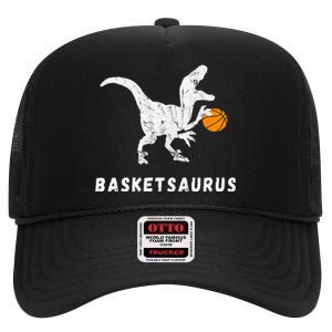 Basketball Dinosaur Baller T Rex Dino Playing Basketball High Crown Mesh Back Trucker Hat