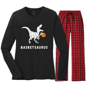 Basketball Dinosaur Baller T Rex Dino Playing Basketball Women's Long Sleeve Flannel Pajama Set 