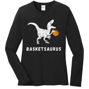 Basketball Dinosaur Baller T Rex Dino Playing Basketball Ladies Long Sleeve Shirt