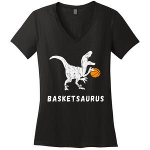 Basketball Dinosaur Baller T Rex Dino Playing Basketball Women's V-Neck T-Shirt