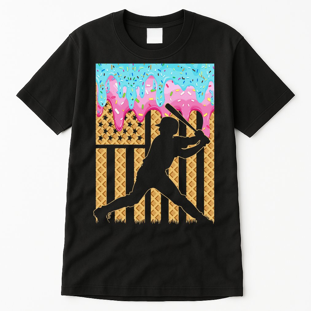 Baseball Drip Bat Dripping Ice Cream American Flag Tall T-Shirt