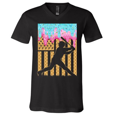 Baseball Drip Bat Dripping Ice Cream American Flag V-Neck T-Shirt