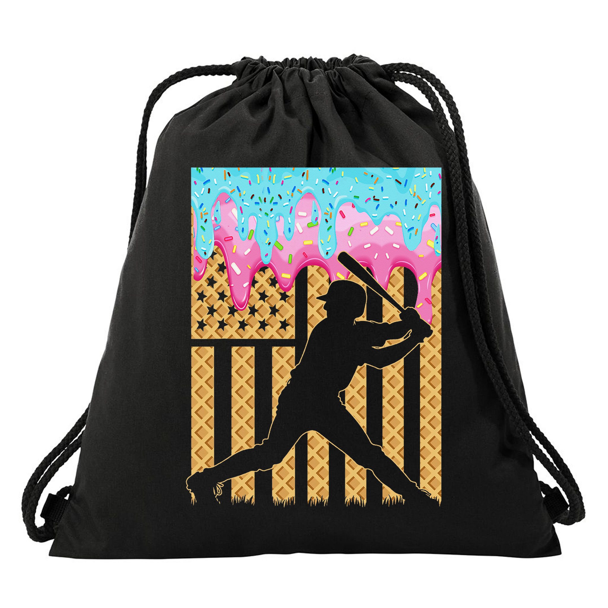 Baseball Drip Bat Dripping Ice Cream American Flag Drawstring Bag