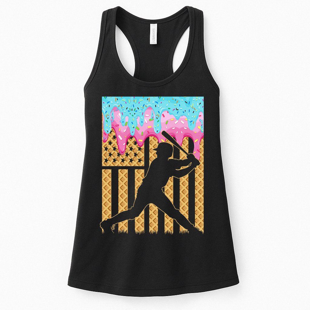 Baseball Drip Bat Dripping Ice Cream American Flag Womens Tank Top