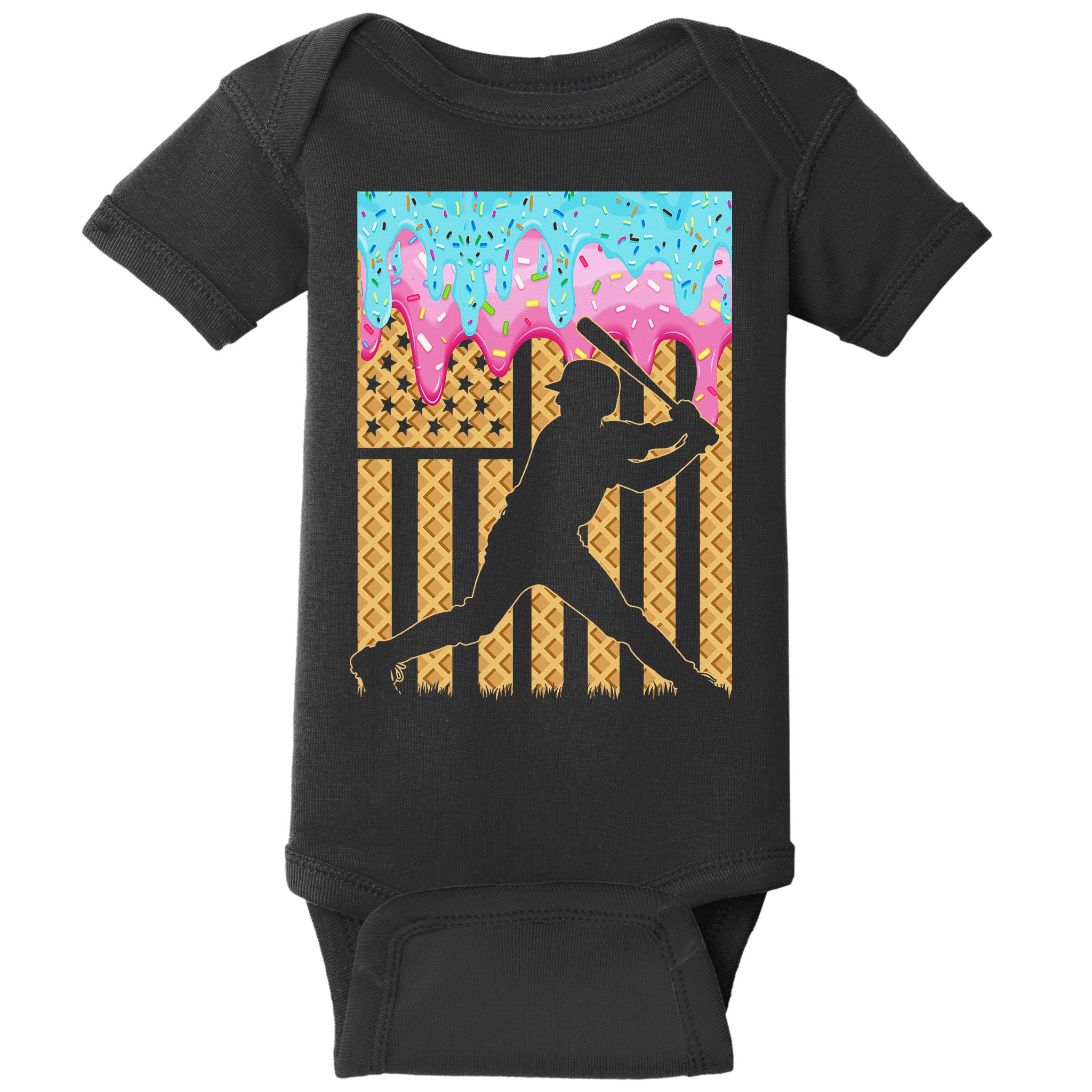 Baseball Drip Bat Dripping Ice Cream American Flag Baby Bodysuit