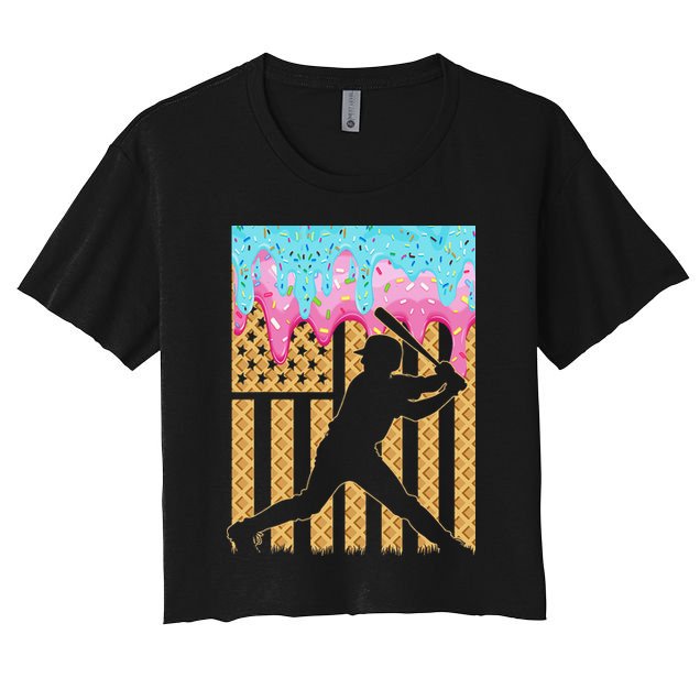 Baseball Drip Bat Dripping Ice Cream American Flag Crop Top