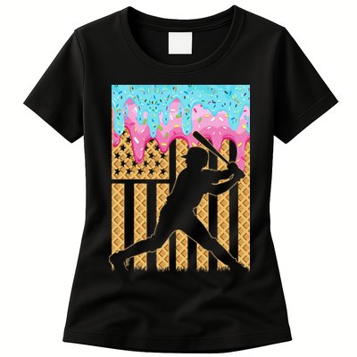Baseball Drip Bat Dripping Ice Cream American Flag Womens T-Shirt