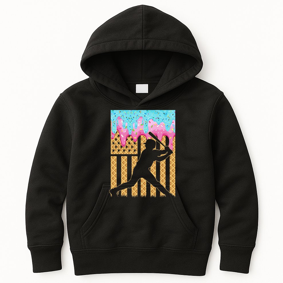 Baseball Drip Bat Dripping Ice Cream American Flag Kids Hoodie