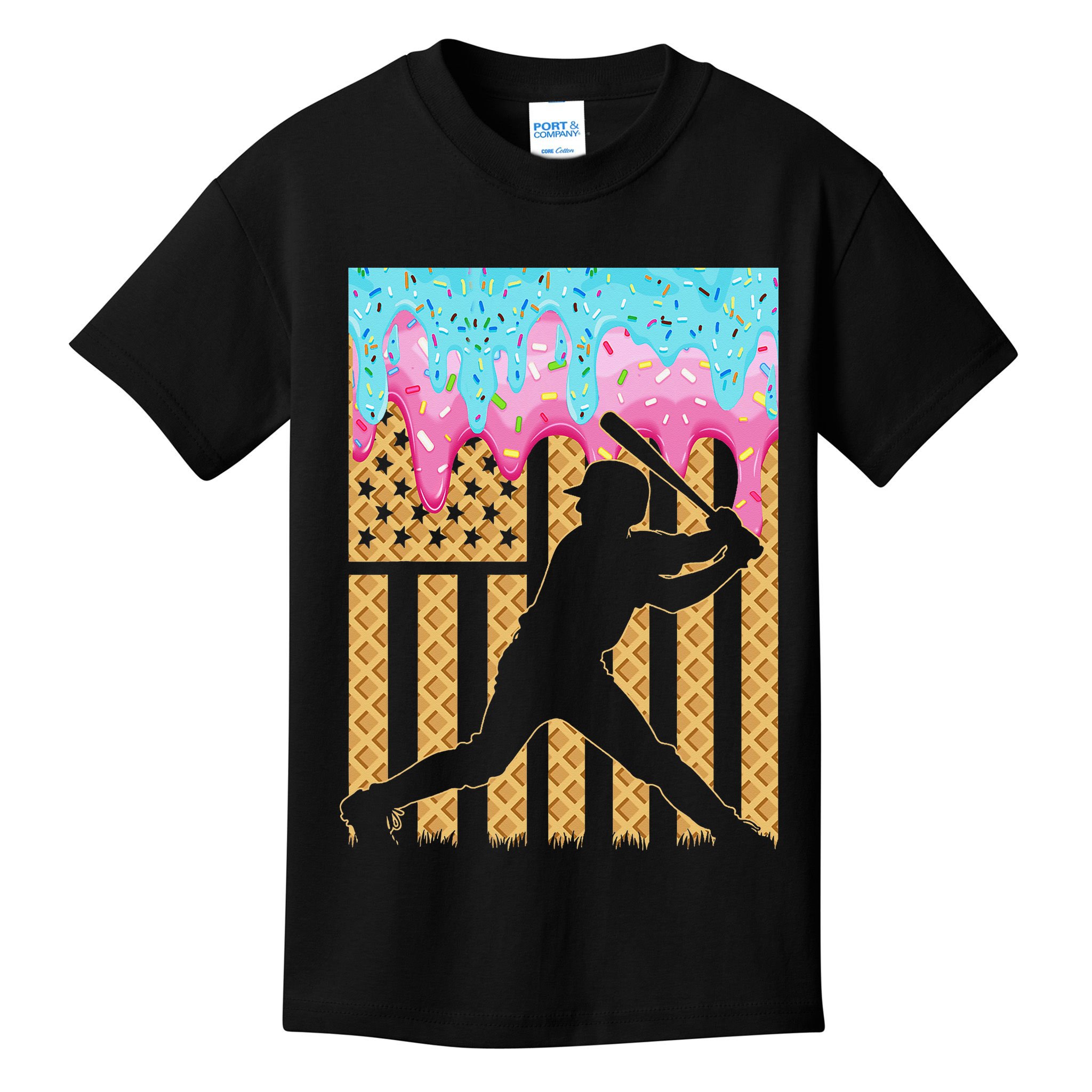 Baseball Drip Bat Dripping Ice Cream American Flag Kids T-Shirt
