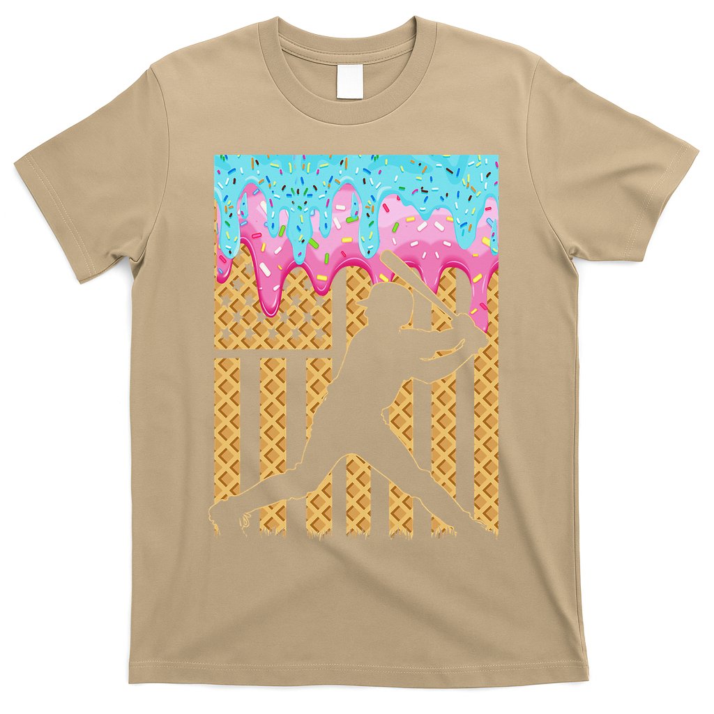 Baseball Drip Bat Dripping Ice Cream American Flag T-Shirt