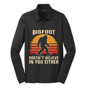 Bigfoot Doesnt Believe In You Either Bigfoot Sasquatch Retro Silk Touch Performance Long Sleeve Polo