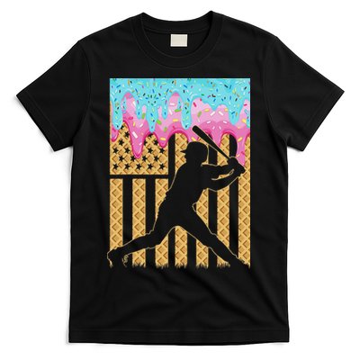 Baseball Drip Bat Boy Dripping Ice Cream American Flag T-Shirt