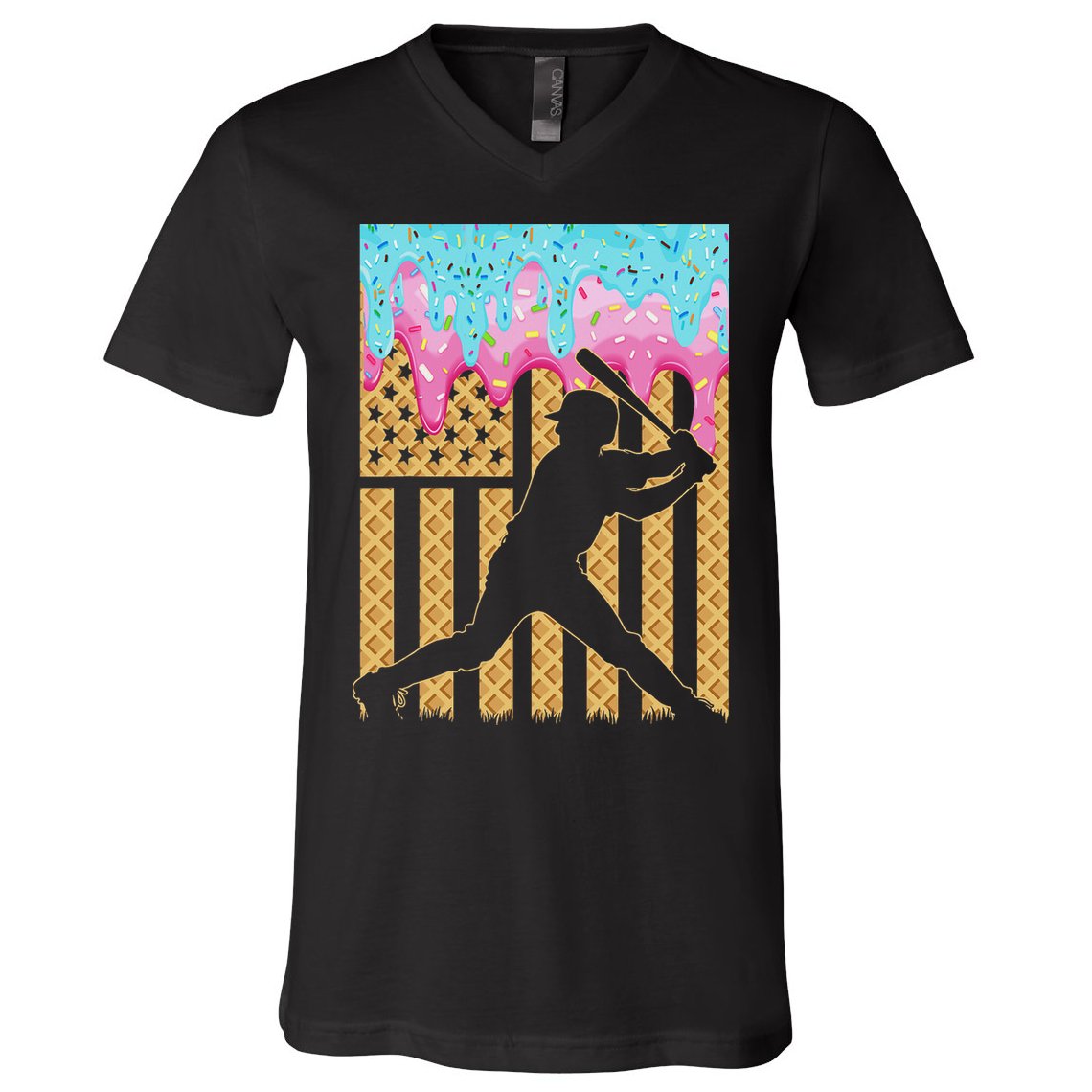 Baseball Drip Bat Boy Dripping Ice Cream American Flag V-Neck T-Shirt