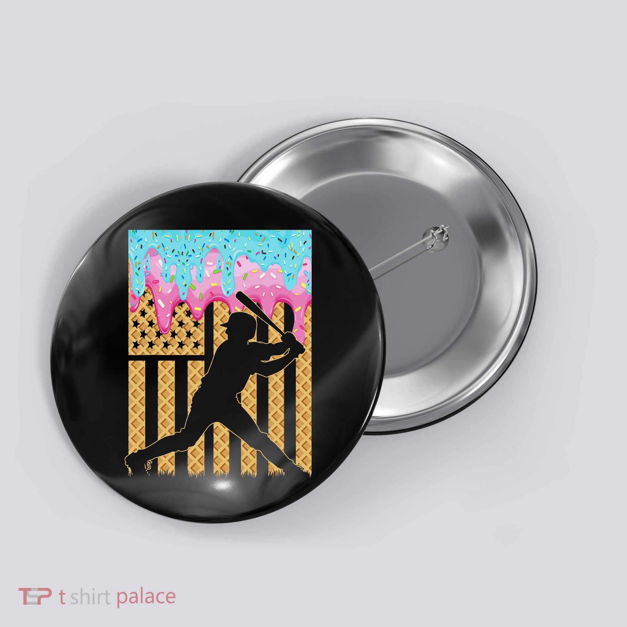 Baseball Drip Bat Boy Dripping Ice Cream American Flag Button