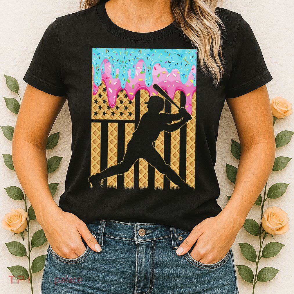 Baseball Drip Bat Boy Dripping Ice Cream American Flag Womens T-Shirt