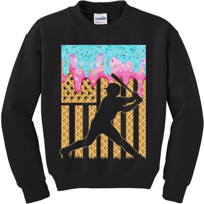 Baseball Drip Bat Boy Dripping Ice Cream American Flag Kids Sweatshirt