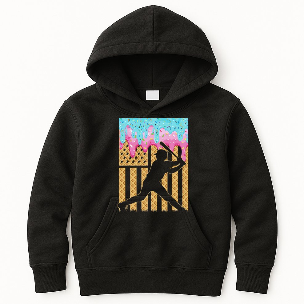 Baseball Drip Bat Boy Dripping Ice Cream American Flag Kids Hoodie