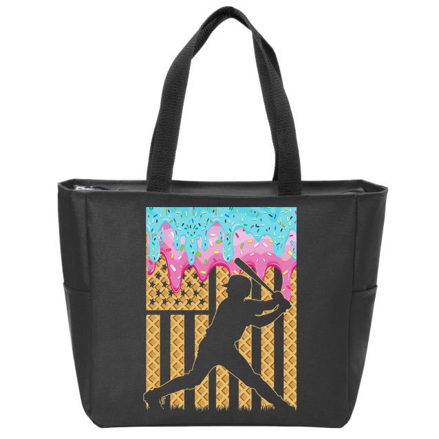Baseball Drip Bat Boy Dripping Ice Cream American Flag Zip Tote Bag
