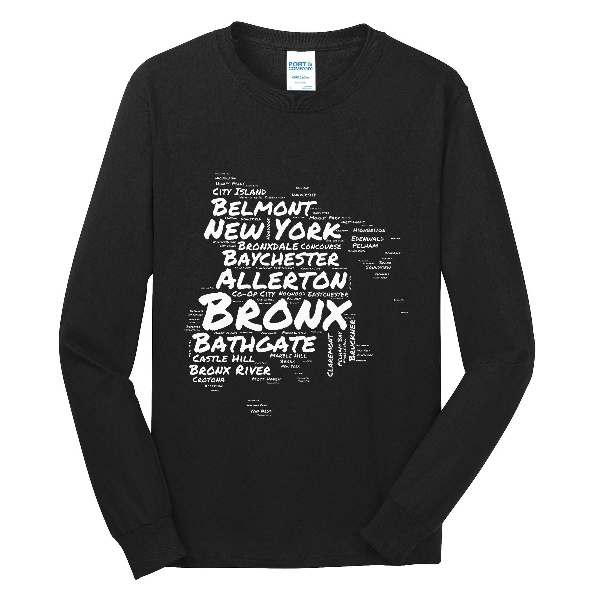 Boogie Down Bronx Neighborhoods Word Cloud Bronx New York Tall Long Sleeve T-Shirt