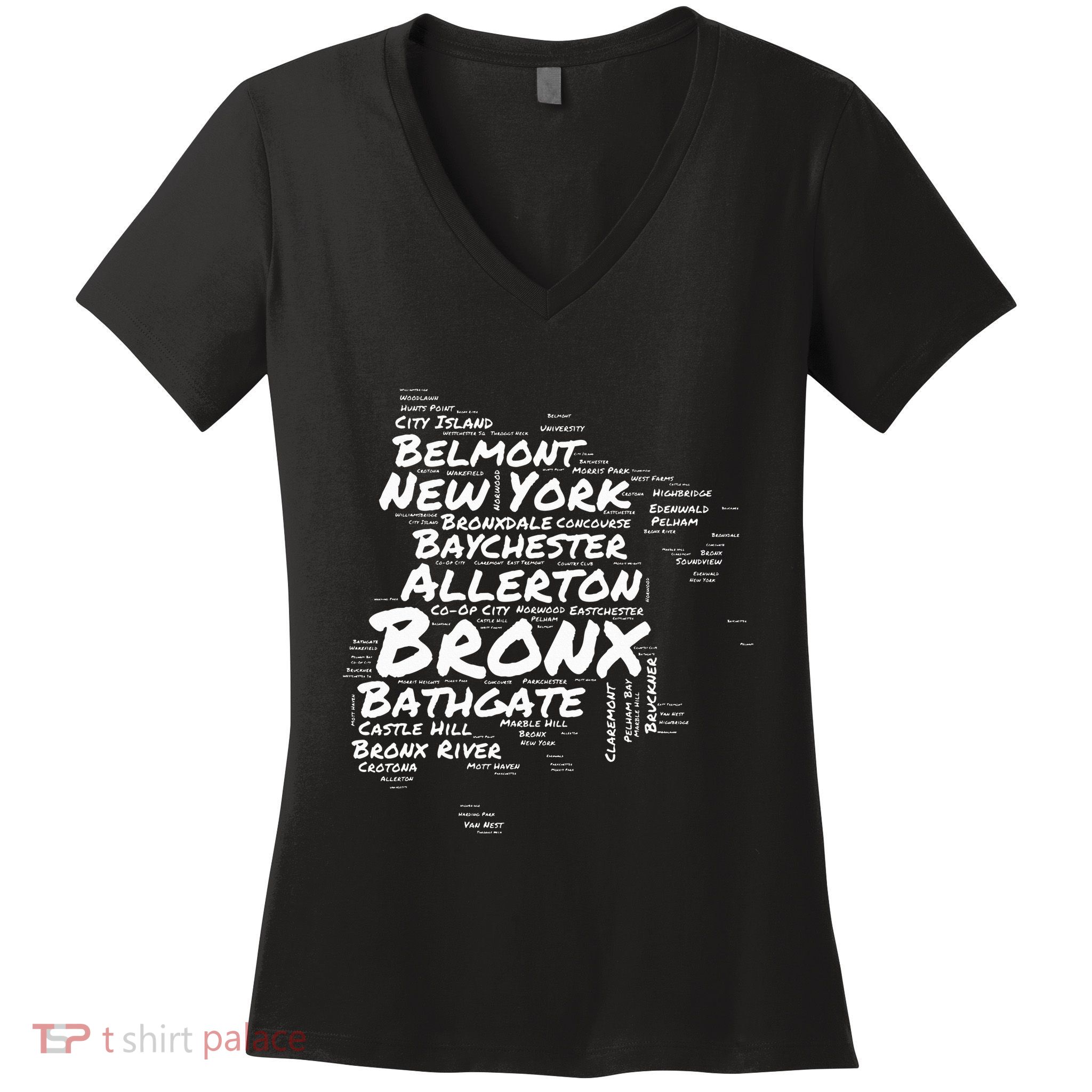 Boogie Down Bronx Neighborhoods Word Cloud Bronx New York Women's V-Neck T-Shirt