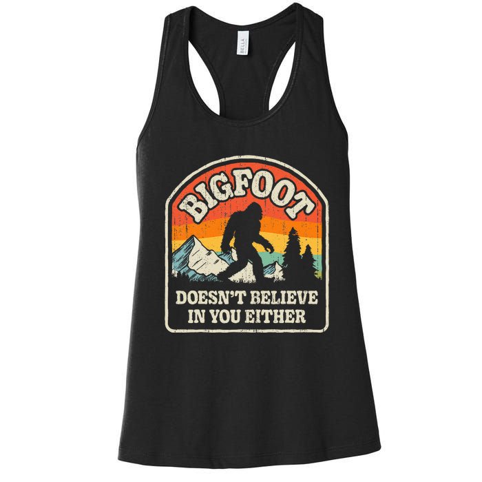 Bigfoot Doesn't Believe In You Either Funny Sasquatch Retro Women's Racerback Tank