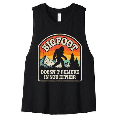 Bigfoot Doesn't Believe In You Either Funny Sasquatch Retro Women's Racerback Cropped Tank