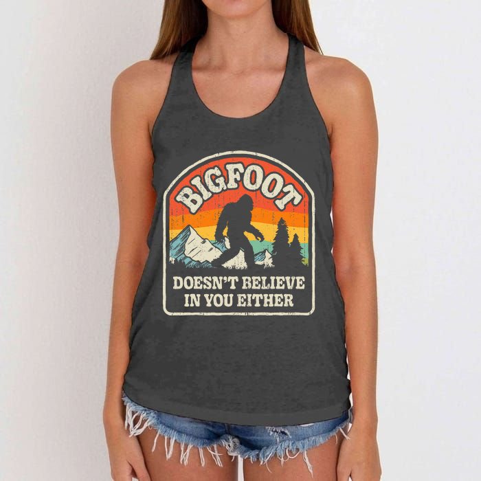 Bigfoot Doesn't Believe In You Either Funny Sasquatch Retro Women's Knotted Racerback Tank