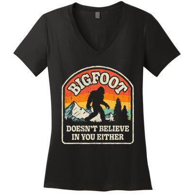 Bigfoot Doesn't Believe In You Either Funny Sasquatch Retro Women's V-Neck T-Shirt