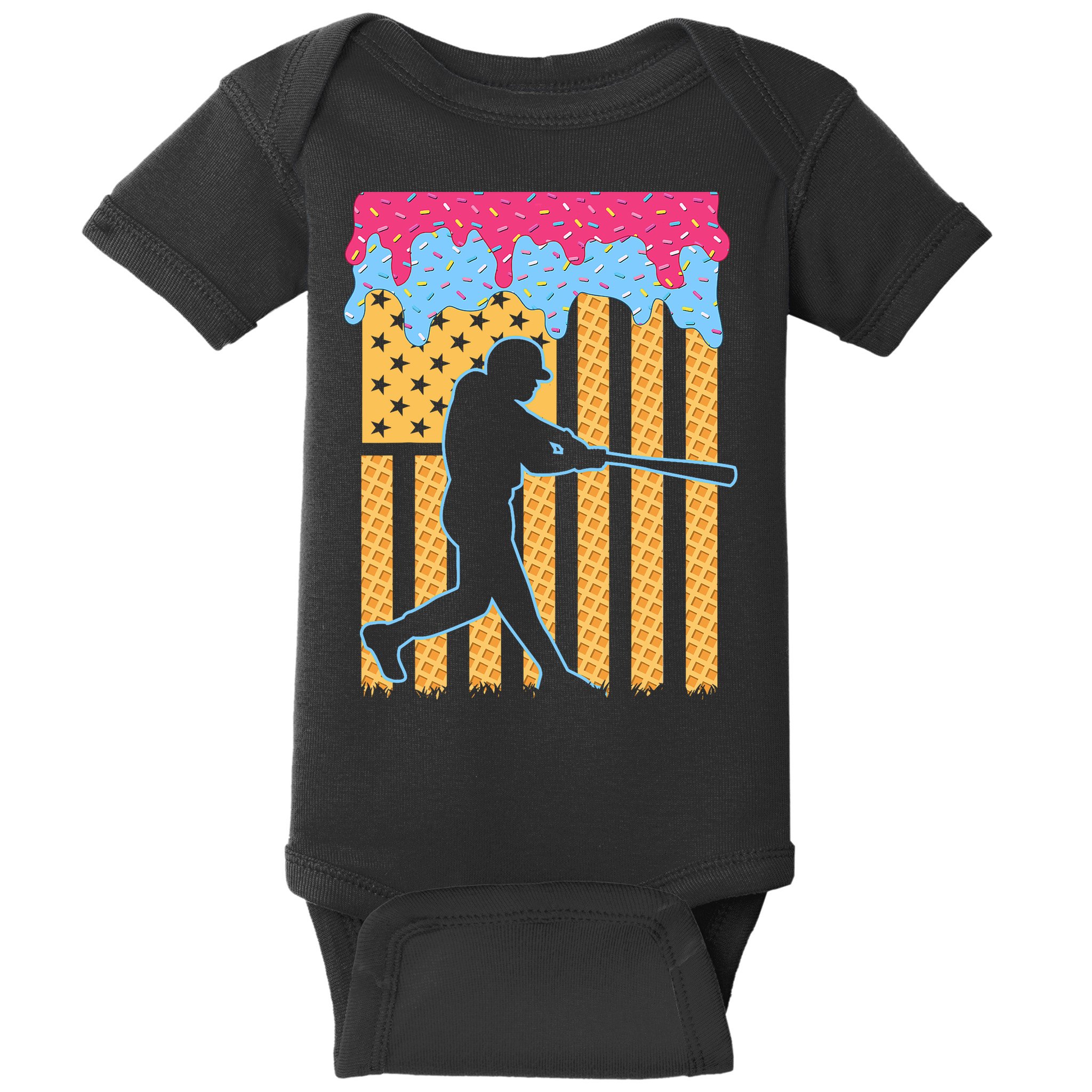 Baseball Drip Bat B.oys Ice Cream American Flag 4th Of July Baby Bodysuit