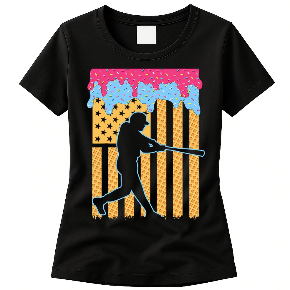 Baseball Drip Bat B.oys Ice Cream American Flag 4th Of July Womens T-Shirt