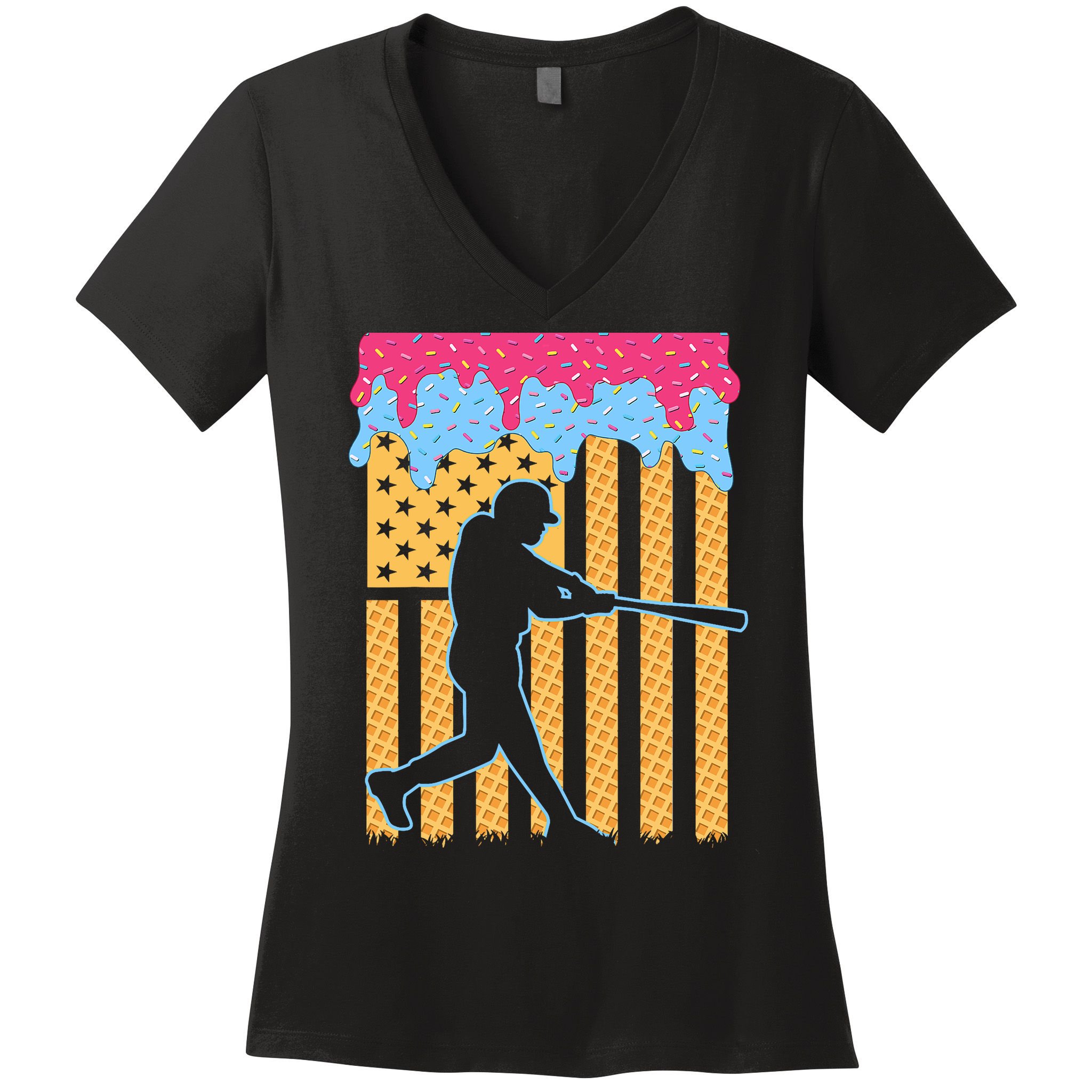 Baseball Drip Bat B.oys Ice Cream American Flag 4th Of July Women's V-Neck T-Shirt