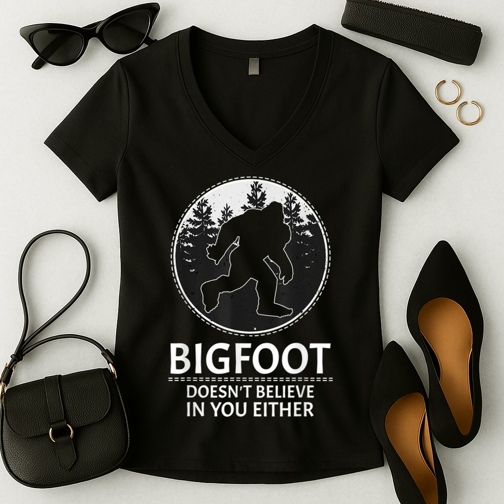 Bigfoot Doesn't Believe In You Either Sasquatch Women's V-Neck T-Shirt