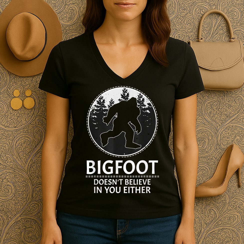 Bigfoot Doesn't Believe In You Either Sasquatch Women's V-Neck T-Shirt