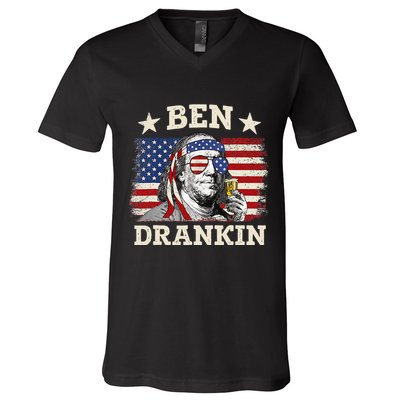 Ben Drankin Benjamin Franklin 4th Of July Funny Drinking V-Neck T-Shirt