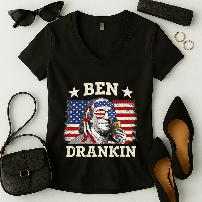 Ben Drankin Benjamin Franklin 4th Of July Funny Drinking Women's V-Neck T-Shirt