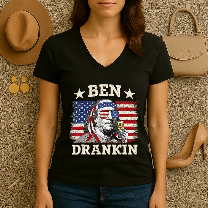 Ben Drankin Benjamin Franklin 4th Of July Funny Drinking Women's V-Neck T-Shirt