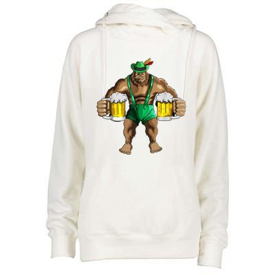 Beer Drinker Bigfoot In Leather Pants Beer Glasses Womens Funnel Neck Pullover Hood